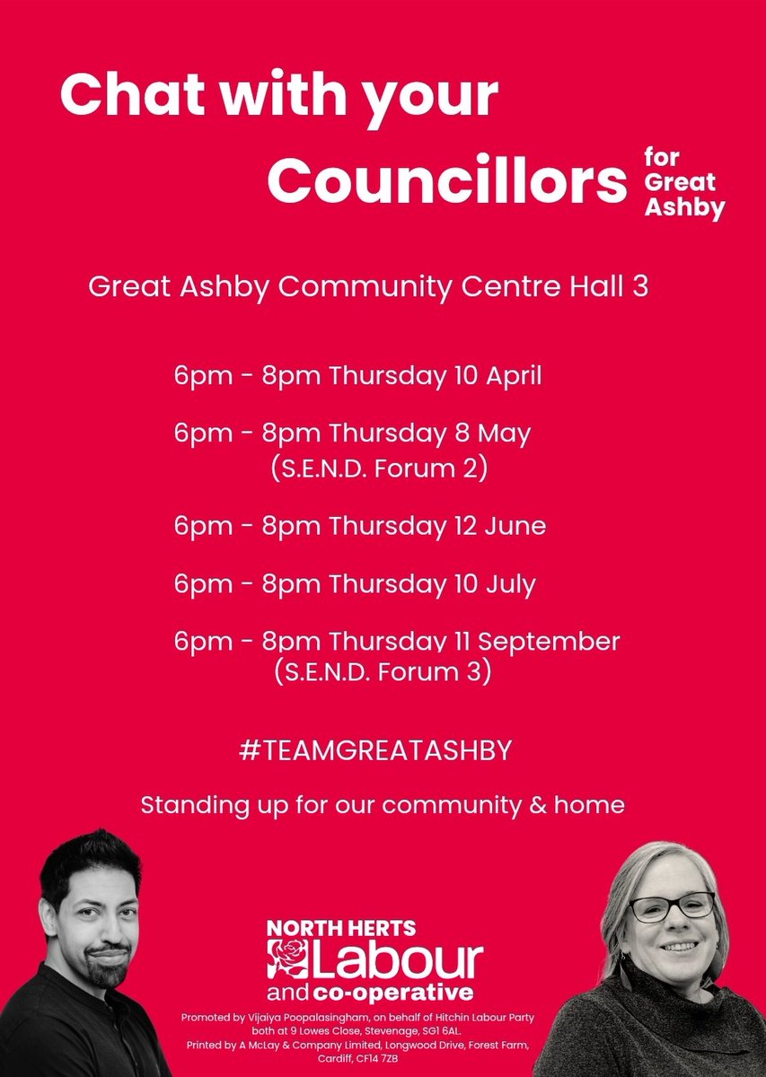 🚨📆 #GreatAshby 

Reminder that our next 'Chat with your Councillor' session takes place tomorrow, 10th July. 

Slightly shorter session from 6-7pm due to Full North Herts Council clash.

We'll see you there!

#TeamGreatAshby