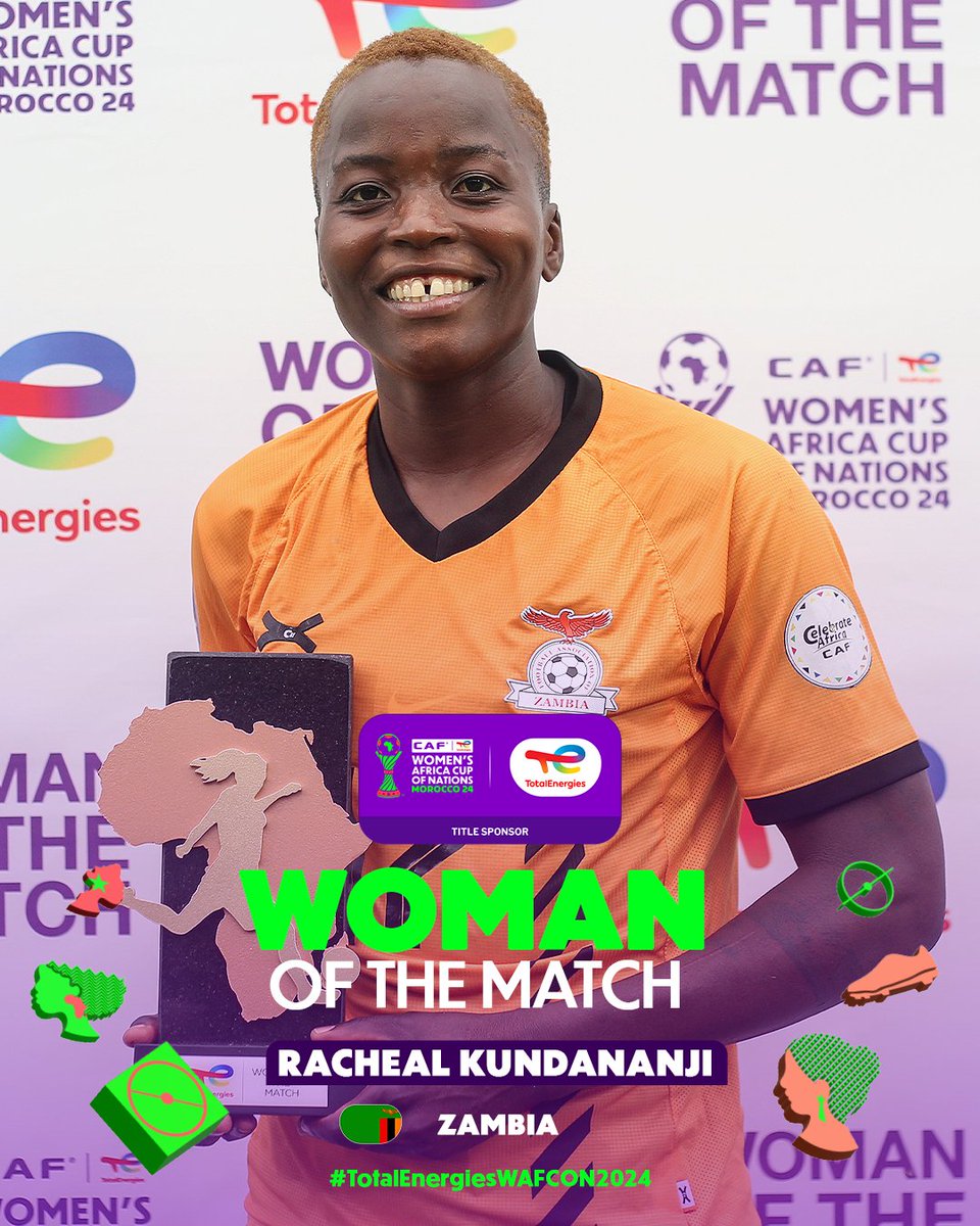 CAFwomen's tweet photo. Zambia's Racheal Kundananji is the TotalEnergies Woman of the Match in a classic against Senegal! 👏

@Football2Gether | #TotalEnergiesWAFCON2024 https://t.co/SZIwmnV6pV