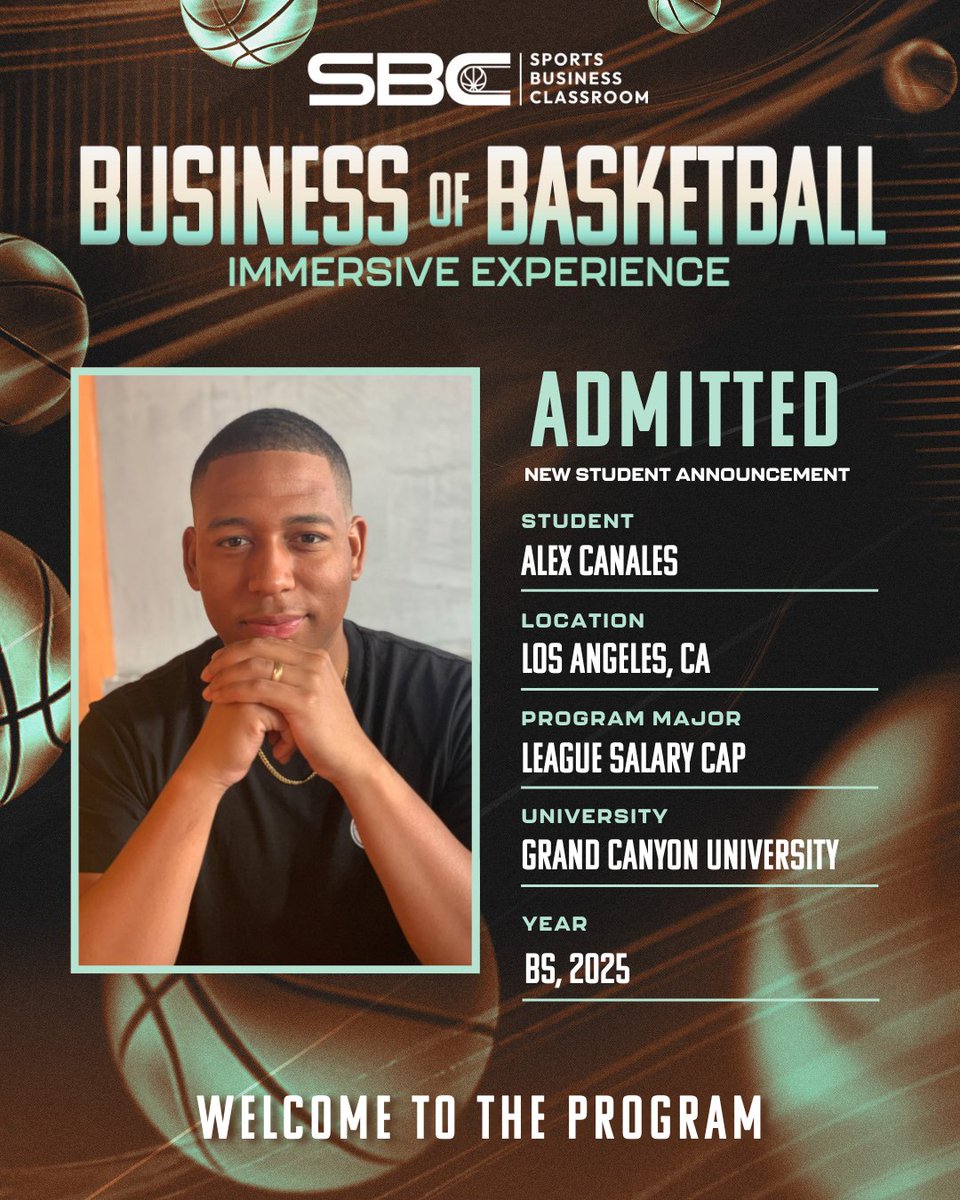 SportsBizClass's tweet image. Welcome Alex Canales to the 2025 Sports Business Classroom Immersive Experience! ๐
Heโll be focusing on League Salary Cap this summer in Las Vegas as part of SBCโs Business of Basketball program.
#SBC2025 #BreakIntoBasketball #NBASummerLeague #SportsBusiness