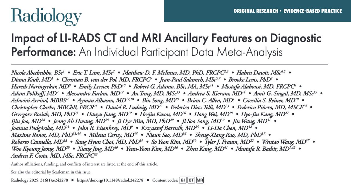 Enis C. Yilmaz, MD (@eniscy) on Twitter photo 📍Impact of #LIRADS CT and MRI Ancillary Features on Diagnostic Performance: An Individual Participant Data Meta-Analysis🚨👇
<a href="/Christian_vdP/">CB van der Pol</a> <a href="/malabousi/">Mostafa Alabousi</a> <a href="/docamitgs/">Amit G Singal</a> <a href="/dr_ash_arvind/">Ashwini Arvind (she/her)</a> <a href="/DukeMedSchool/">Duke University School of Medicine</a> <a href="/UofTMedIm/">UofT Medical Imaging</a>
<a href="/RITEditor/">Rad In Training Editor</a> #RadInTraining #Tweetorial 🧵
@Radiology_RSNA <a href="/RadiologyEditor/">@RadiologyEditor</a> 📍Impact of #LIRADS CT and MRI Ancillary Features on Diagnostic Performance: An Individual Participant Data Meta-Analysis🚨👇
<a href="/Christian_vdP/">CB van der Pol</a> <a href="/malabousi/">Mostafa Alabousi</a> <a href="/docamitgs/">Amit G Singal</a> <a href="/dr_ash_arvind/">Ashwini Arvind (she/her)</a> <a href="/DukeMedSchool/">Duke University School of Medicine</a> <a href="/UofTMedIm/">UofT Medical Imaging</a>
<a href="/RITEditor/">Rad In Training Editor</a> #RadInTraining #Tweetorial 🧵
@Radiology_RSNA <a href="/RadiologyEditor/">@RadiologyEditor</a>