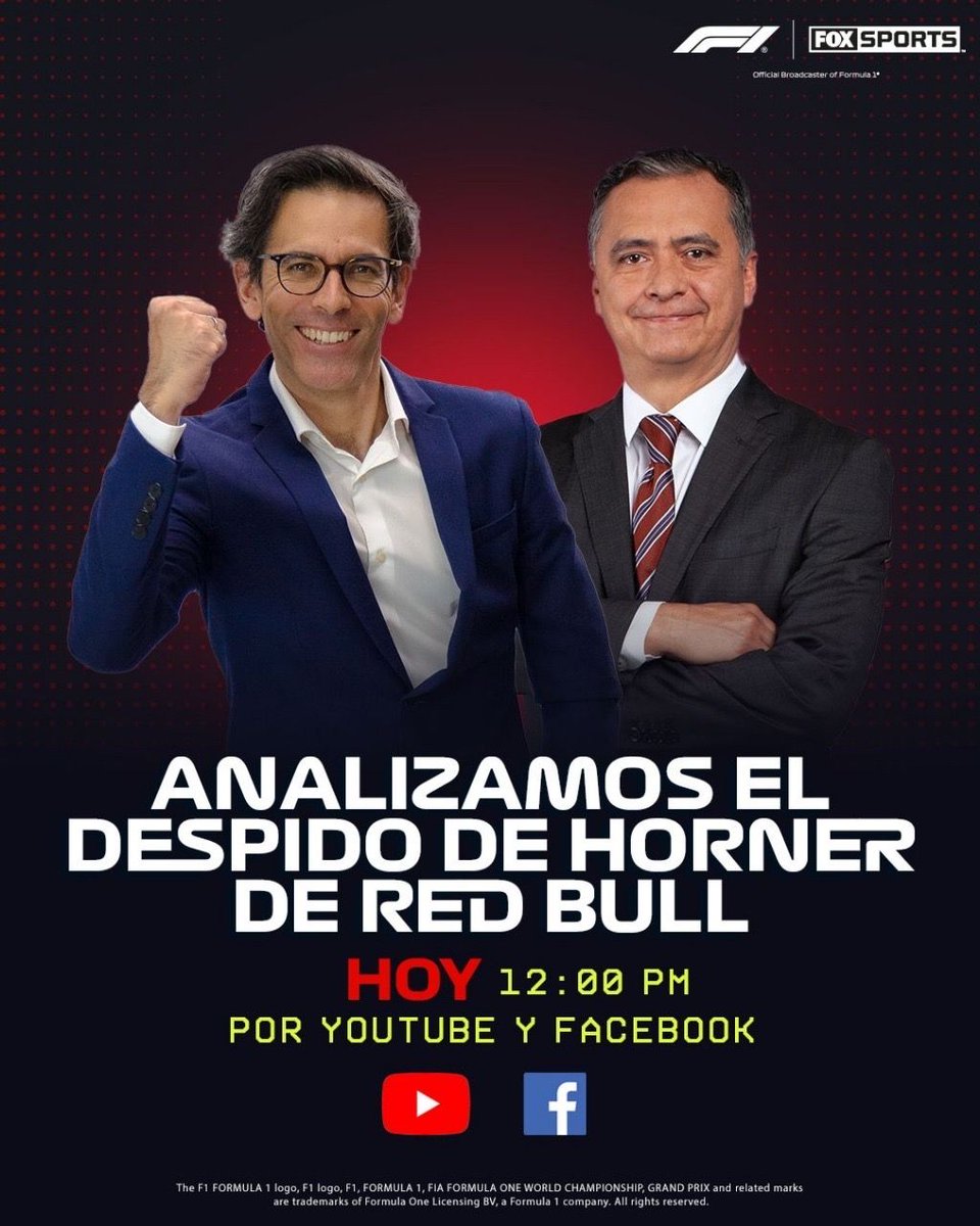 Santiago Puente (@santipuente) on Twitter photo ¡El tema del momento en la #F1xFSMX! 🏁😱
<a href="/diegofmejia/">Diego Mejia</a> y <a href="/chacho_lml/">Luis Manuel López</a> los esperan para hablar acerca del despido de Christian Horner en Red Bull.
Ya en las cuentas de Facebook y YouTube de <a href="/FOXSportsMX/">FOX Sports MX</a> ¡El tema del momento en la #F1xFSMX! 🏁😱
<a href="/diegofmejia/">Diego Mejia</a> y <a href="/chacho_lml/">Luis Manuel López</a> los esperan para hablar acerca del despido de Christian Horner en Red Bull.
Ya en las cuentas de Facebook y YouTube de <a href="/FOXSportsMX/">FOX Sports MX</a>