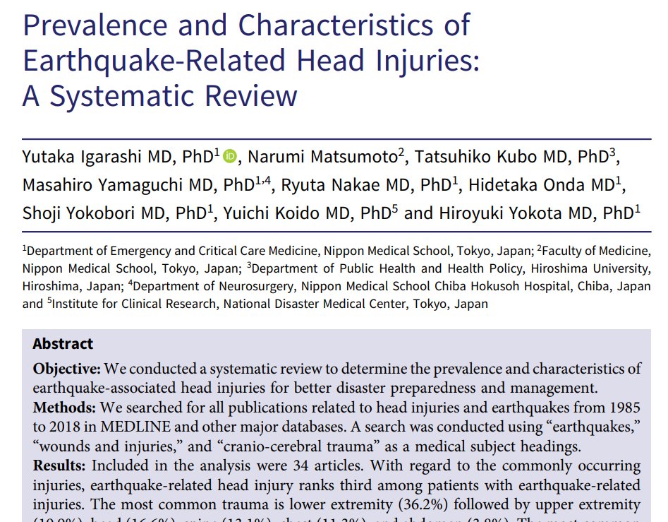Los golpes en la cabeza (contusiones y hematomas) son la causa de mortalidad y lesión más alta después de un terremoto según este estudio de científicos japoneses publicado en journal de Cambridge (2021)🤕