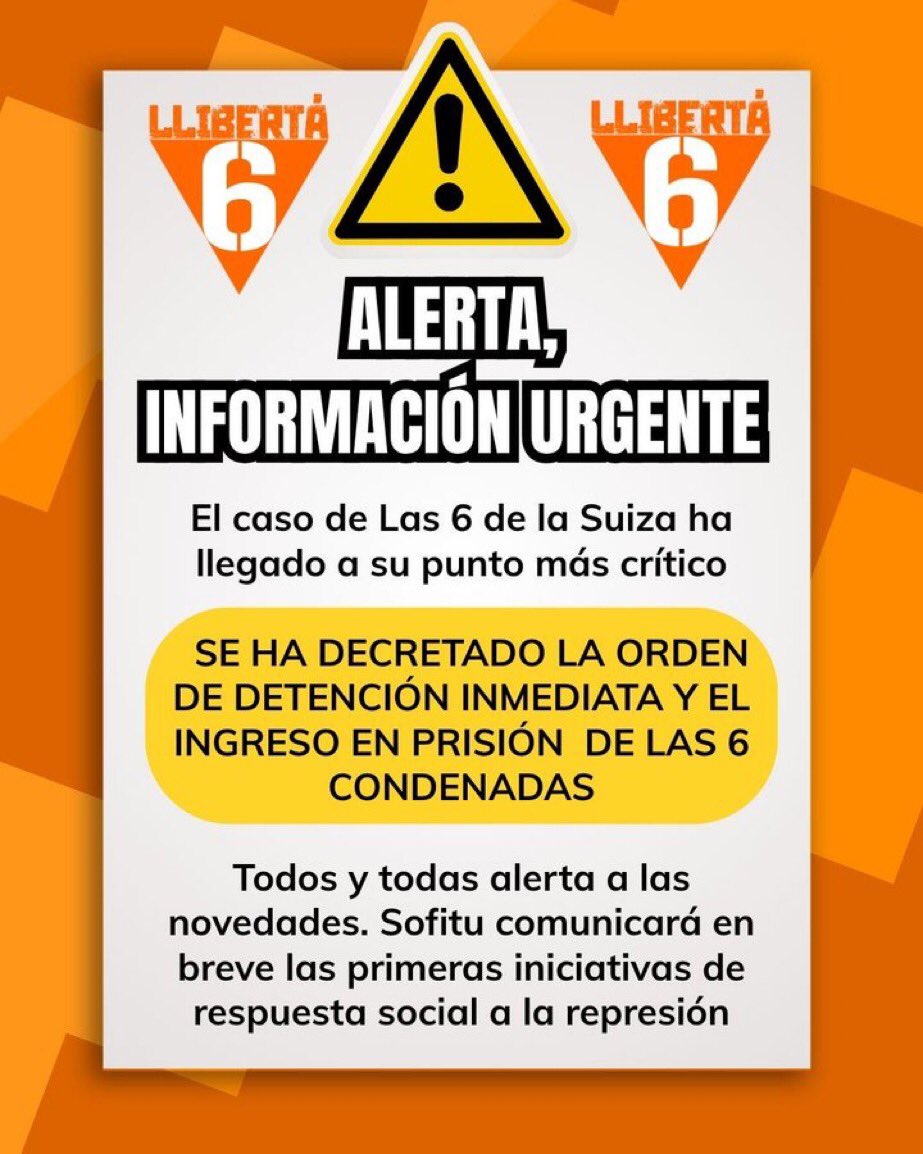 HORITZÓ (@horitzos) on Twitter photo #ÚltimaHora | El grup de suport als <a href="/6delaSuiza/">6 de la Suiza</a> ha informat que s’ha decretat l’ordre de detenció i ingrés a presó dels sis condemnats.
Fan una crida a estar alerta a iniciatives de resposta. #ÚltimaHora | El grup de suport als <a href="/6delaSuiza/">6 de la Suiza</a> ha informat que s’ha decretat l’ordre de detenció i ingrés a presó dels sis condemnats.
Fan una crida a estar alerta a iniciatives de resposta.