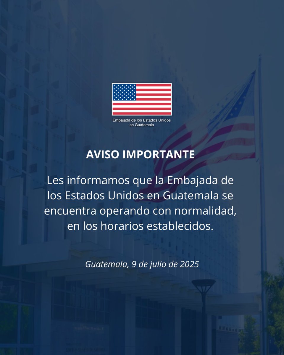 US Embassy Guatemala (@usembassyguate) on Twitter photo La Embajada de EE.UU. en Guatemala se encuentra abierta y operando con normalidad. Permanece atento a nuestras redes sociales. La Embajada de EE.UU. en Guatemala se encuentra abierta y operando con normalidad. Permanece atento a nuestras redes sociales.