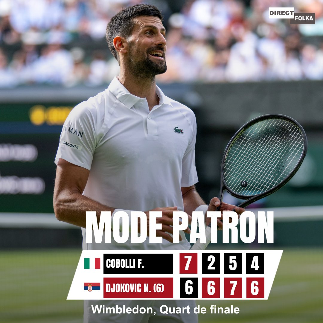 🚨Novak Djokovic écarte Flavio Cobolli et atteint sa 52e demi-finale en Grand Chelem. 🇷🇸

Comme à Roland-Garros, le Serbe affrontera le n°1 mondial Jannik Sinner pour une place en finale.