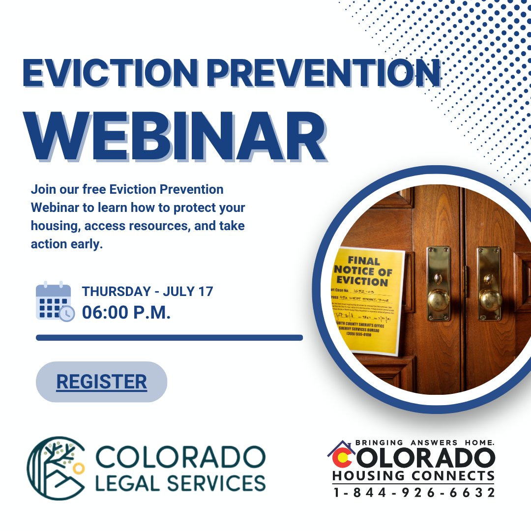 HousingConnects's tweet photo. Join us Thursday, July 17 at 6:00 p.m. for a free Eviction Prevention Webinar. We'll walk you through what to do if you're behind on rent, how to access legal support, and ways to stay housed. 

Register here: https://t.co/OrFAN0DkJM. https://t.co/91ZpwOJQsu
