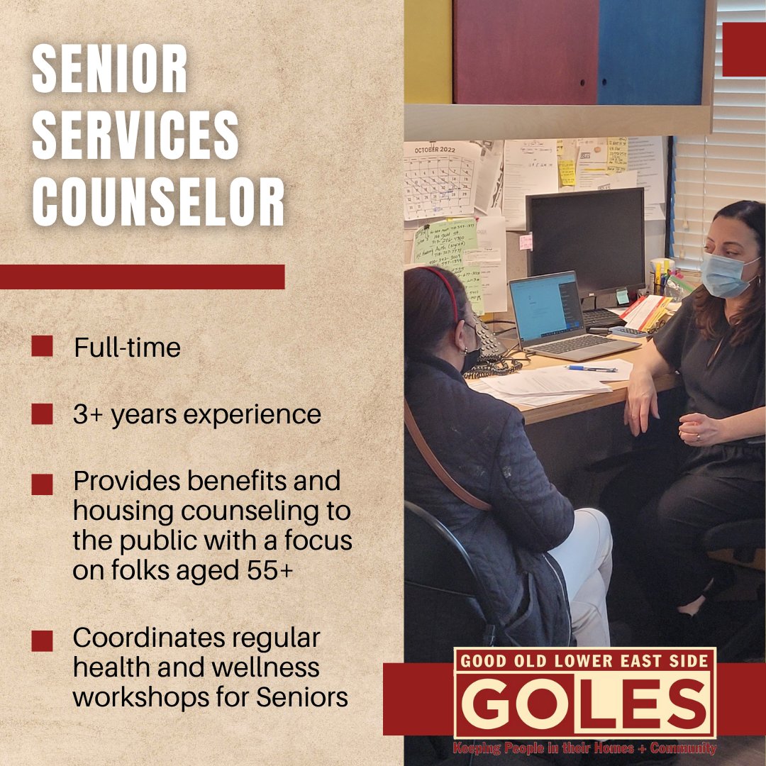 GOLES is hiring! 

▶ We're looking for a full-time Senior Services Counselor who is bilingual in English and Spanish with 3+ years of experience in a similar role.

Check out the full job description here: goles.org/jobs
