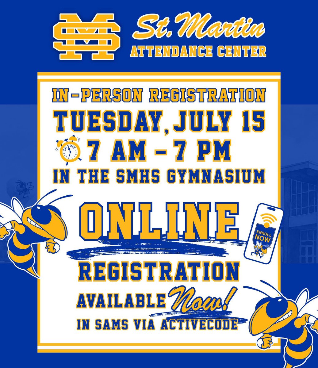 In-person registration for the 2025-2026 school year will take place on Tuesday, July 15th, from 7 AM - 7 PM in the St. Martin High School Gym.

ONLINE Registration is open NOW for those that want to skip the line and check it off your list from the comfort of home.