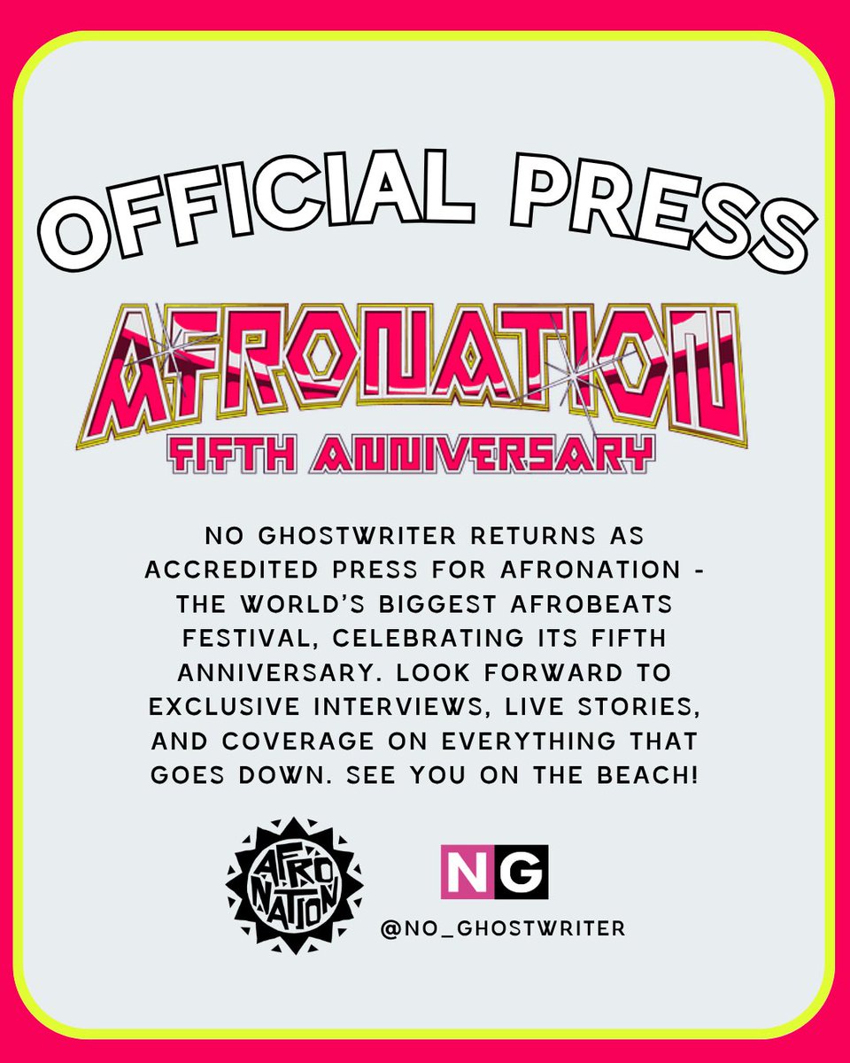 NO GHOSTWRITER returns as accredited press for <a href="/afronation/">Afro Nation</a> - the world’s biggest Afrobeats festival celebrating its fifth anniversary.

Our third year covering this global celebration of Afrobeats + Amapiano. Thank you to ANP/<a href="/ZeitgeistAgency/">Zeitgeist</a> for having us.

See you on the beach!