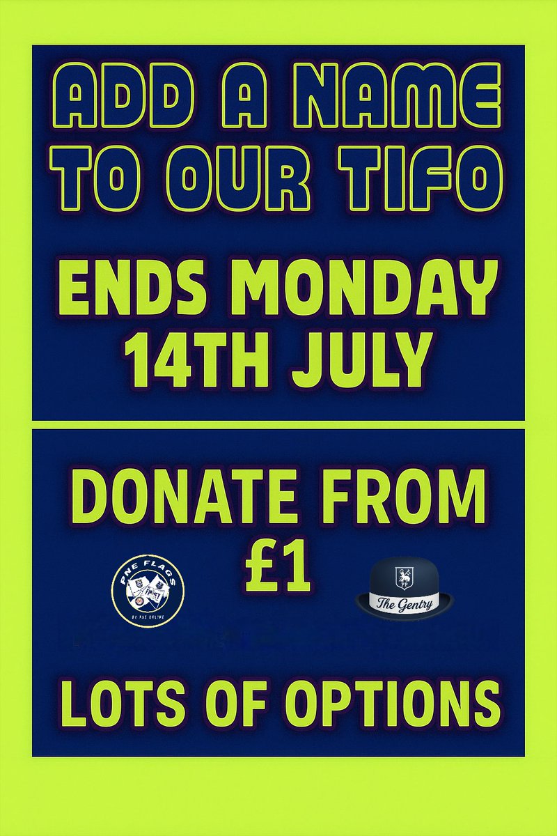 PNE Online (@pneonline) on Twitter photo The chance to include the name of a loved one on our <a href="/DaveRobDesign/">david robinson</a>
designed Gentry Tifo ends Monday 14th July.
You can donate from just £1 and choose from a variety of payment options. Every name helps make this tribute even more special.
Donate now: donate.stripe.com/9AQ03lgR39hc5t… The chance to include the name of a loved one on our <a href="/DaveRobDesign/">david robinson</a>
designed Gentry Tifo ends Monday 14th July.
You can donate from just £1 and choose from a variety of payment options. Every name helps make this tribute even more special.
Donate now: donate.stripe.com/9AQ03lgR39hc5t…