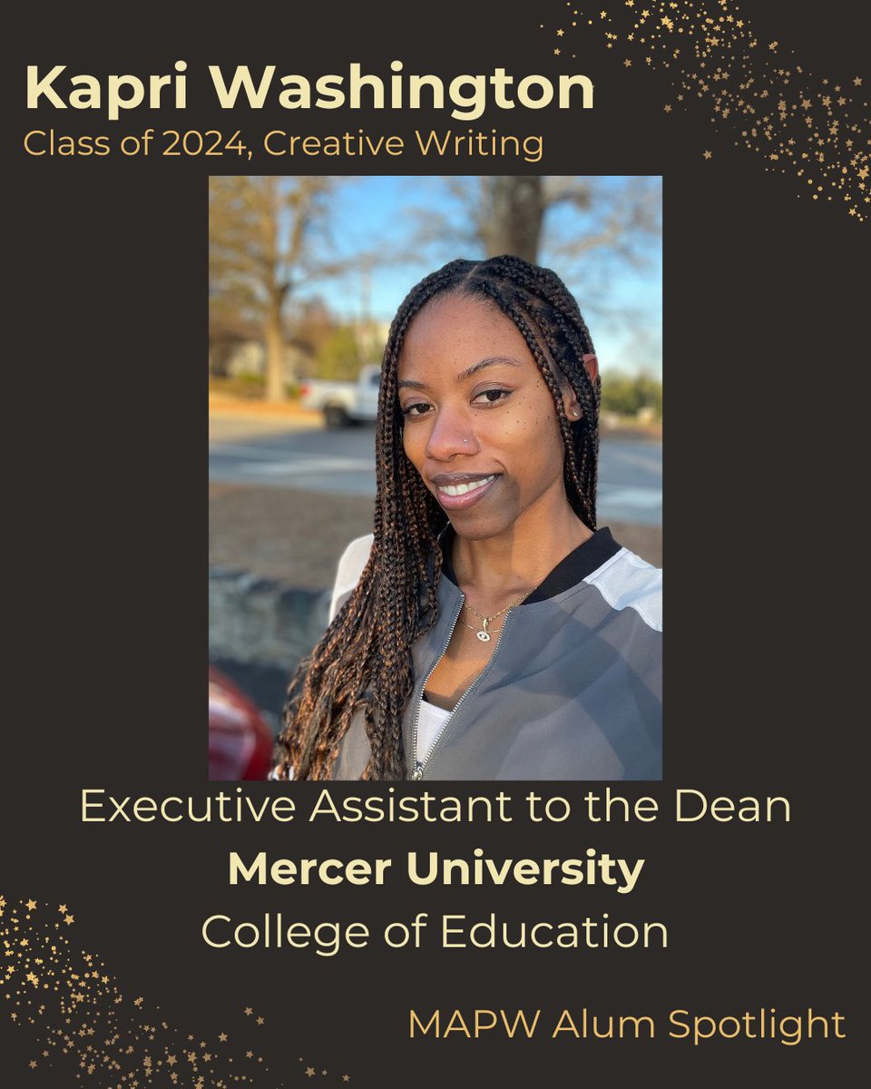 kenn_state_mapw's tweet image. 💫 MAPW Alum Spotlight 💫
Kapri Washington is now an Executive Assistant at Mercer University. Congratulations, Kapri! #getyourwriteon
#kennesawstate #mapw #creativewriting #studentsuccess #highered