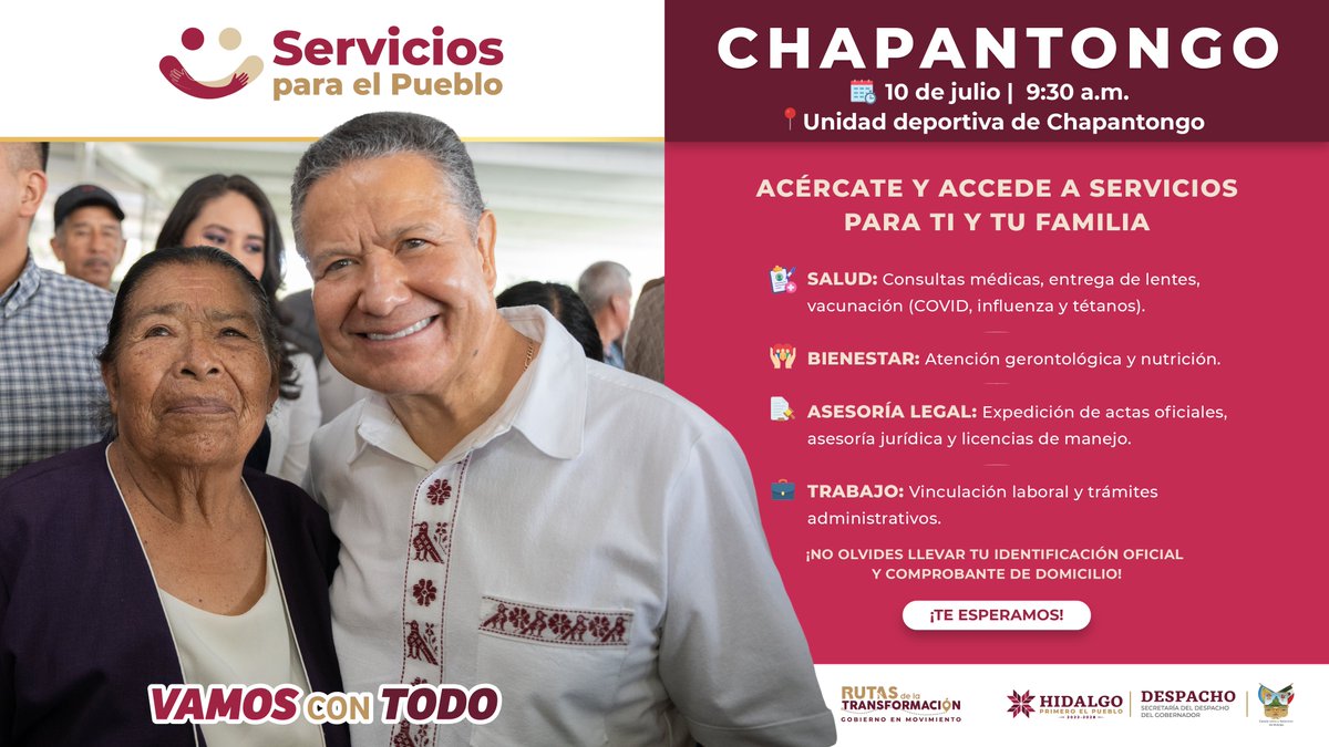 📢 ¡#Chapantongo, nos vemos en las #RutasDeLaTransformación!
🗓 Jueves 10 de julio, a partir de las 9:30 a.m.
Aprovecha para actualizar documentos, realizar trámites, solicitar asesorías y acceder a muchos más servicios. 🛠️📄
📍 Unidad deportiva
#ServiciosParaElPueblo