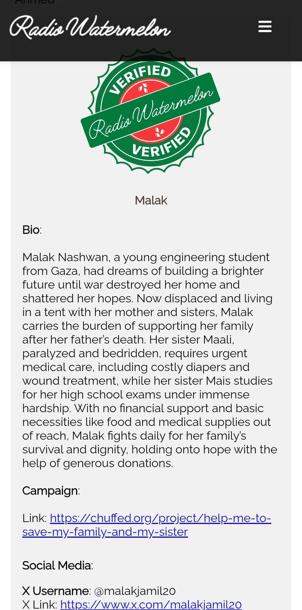 Eng.Malak from Gaza 🇵🇸 (@malakjamil20) on Twitter photo It's Great🔥
My case has been officially verified by <a href="/RadioWatermelon/">Radio Watermelon</a>
I’m Malak from northern Gaza. I lost my home and now live in very difficult conditions with my ill sister, Maali, and my family.
chuffed.org/project/help-m… It's Great🔥
My case has been officially verified by <a href="/RadioWatermelon/">Radio Watermelon</a>
I’m Malak from northern Gaza. I lost my home and now live in very difficult conditions with my ill sister, Maali, and my family.
chuffed.org/project/help-m…