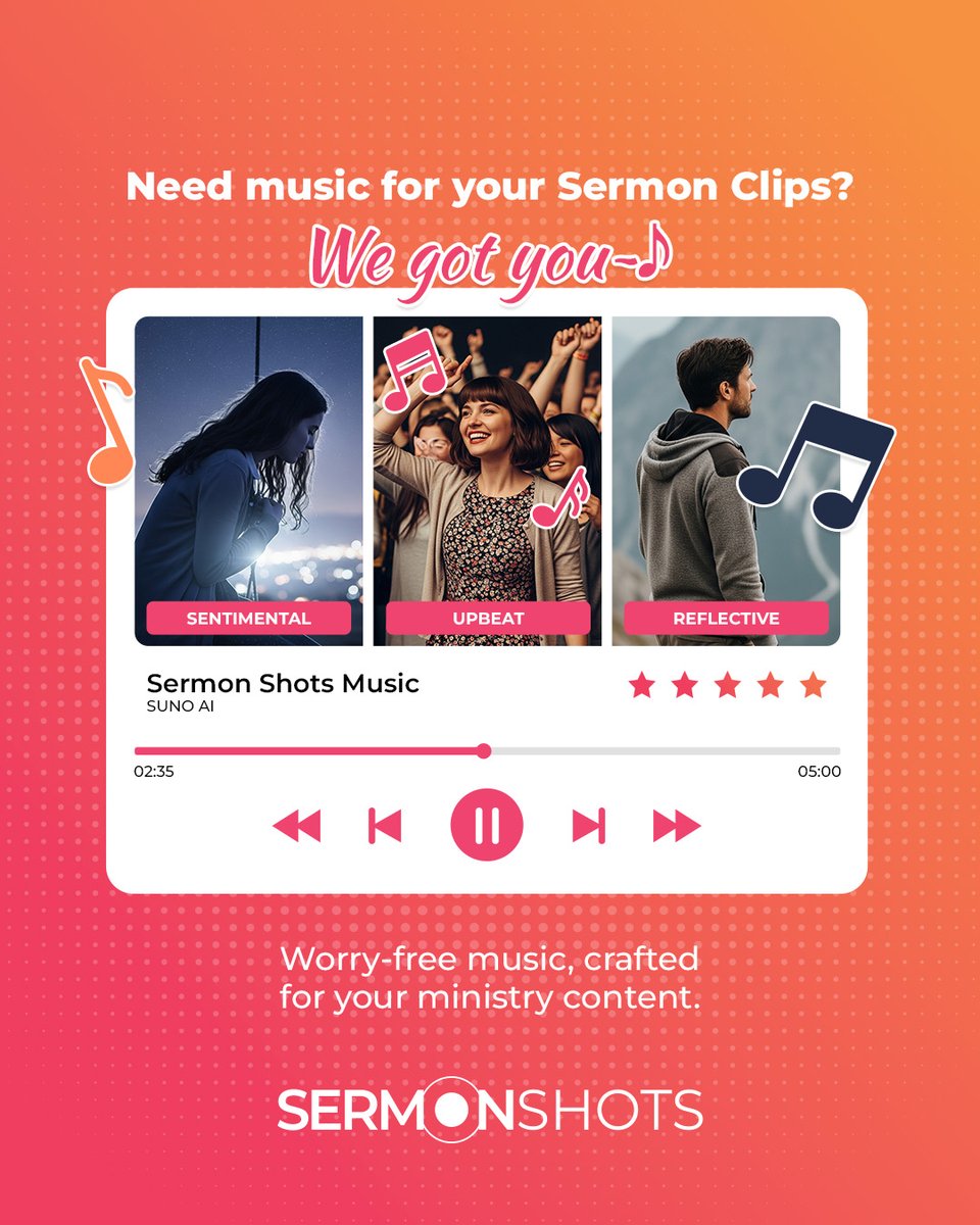SermonShots's tweet image. 🎶 Need music for your sermon clips? We got you.
Whether your message is sentimental, upbeat, or reflective, Sermon Shots Music (powered by SUNO AI) offers worry-free tracks specifically crafted for ministry content.
🎧 No copyright headaches.
#SermonShots