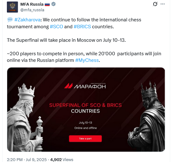 MariaSlavaUA's tweet image. Meaning: 

Zakharova: We continue to follow the international chess tournament among #SurrenderCommiesOrganisation and #ORCS countries.

The Superfinal will take place in Moscow on July 10-13.  All participants will then be sent to the front.