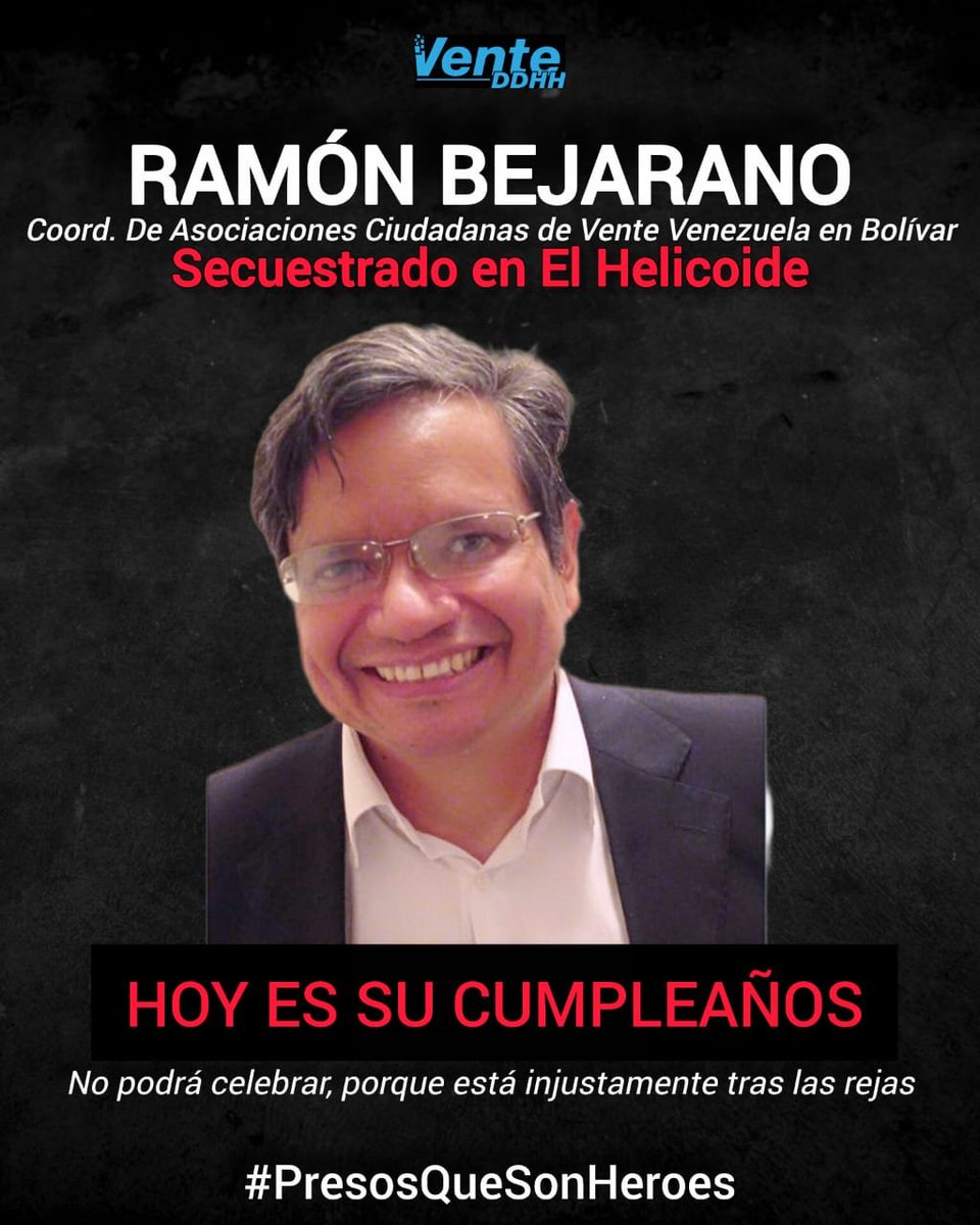Hoy es el cumpleaños de Ramón Bejarano, coordinador estadal de Asociaciones Ciudadanas de Vente Venezuela, en el estado Bolívar.🎂

⛓️Ramón no podrá abrazar a su familia, ni celebrar junto a ellos, porque está injustamente secuestrado en El Helicoide, siendo inocente.