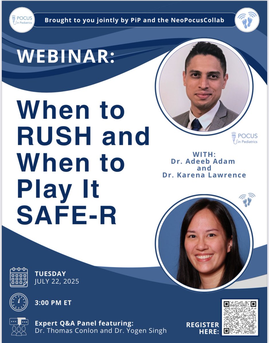 NeoPocusCollab's tweet image. Summer webinar alert! ⚡🔈Register now for another awesome JOINT collab event with #PocusInPediatrics PiP and #NPC on 🗓️ Tuesday, July 22nd at 3pmEST. 🔊We will explore the indications and components of the RUSH (Rapid Ultrasound for Shock and Hypotension) protocol and the SAFE-R…
