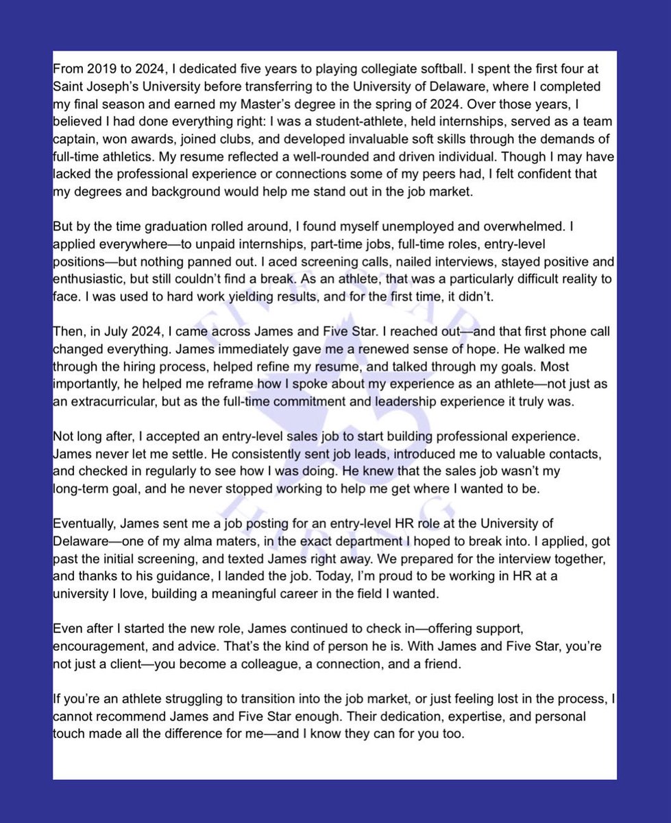 This testimonial is lengthy but if you’re a player, coach, or parent invested in a student-athlete’s transition from sports to the working world, it’s worth every word.

I’m incredibly humbled by this message. It captures the emotional, professional, and often frustrating journey