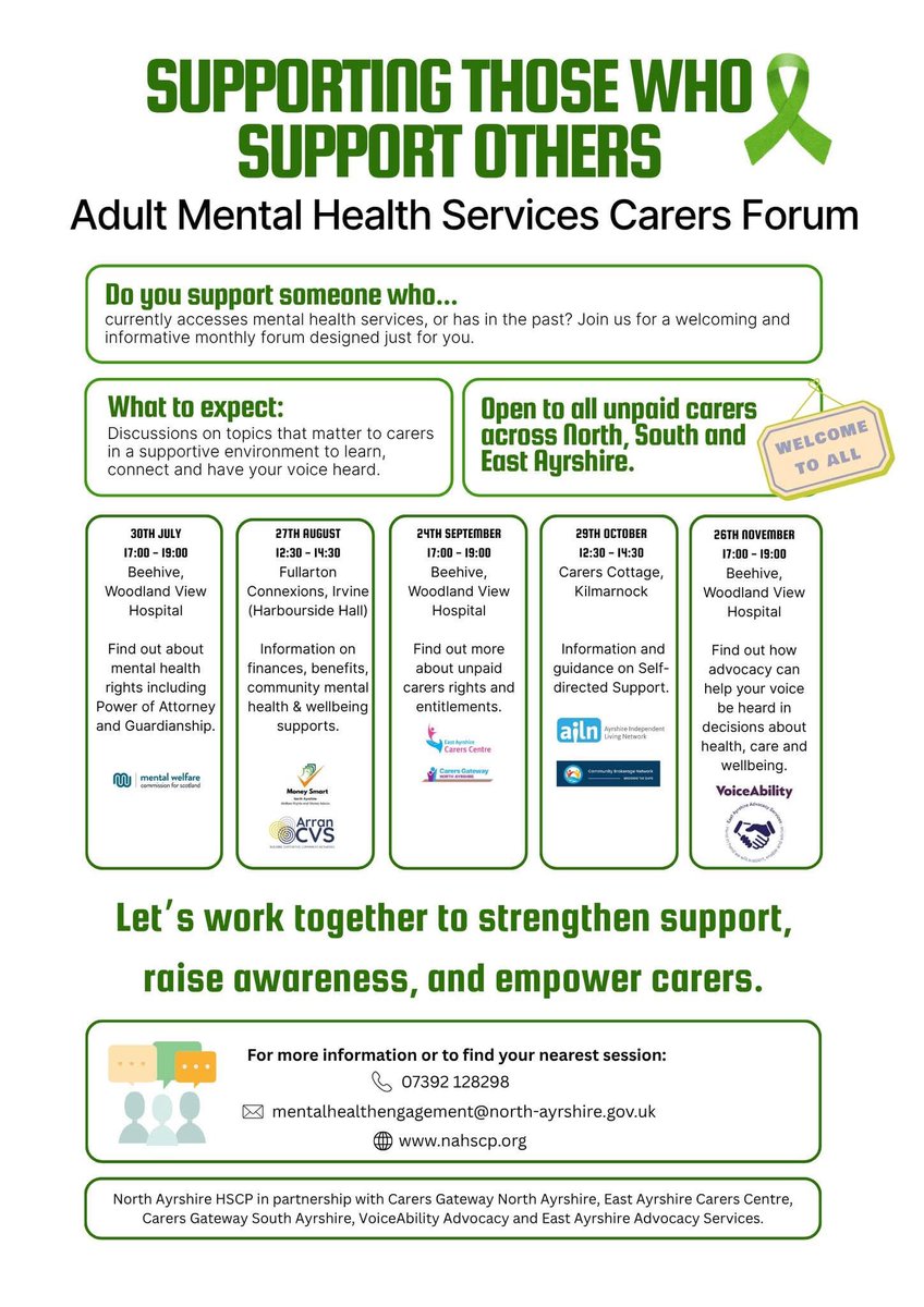 Sam Hodkinson (@samanthahodkin1) on Twitter photo Are you a carer who has supported someone past or present accessing mental health services? Join us on Wednesday 30 July at the Beehive in Woodland View Hospital from 5pm to 7pm. No need to book. Refreshments provided. For more info mentalhealthengagement@north-ayrshire.gov.uk Are you a carer who has supported someone past or present accessing mental health services? Join us on Wednesday 30 July at the Beehive in Woodland View Hospital from 5pm to 7pm. No need to book. Refreshments provided. For more info mentalhealthengagement@north-ayrshire.gov.uk