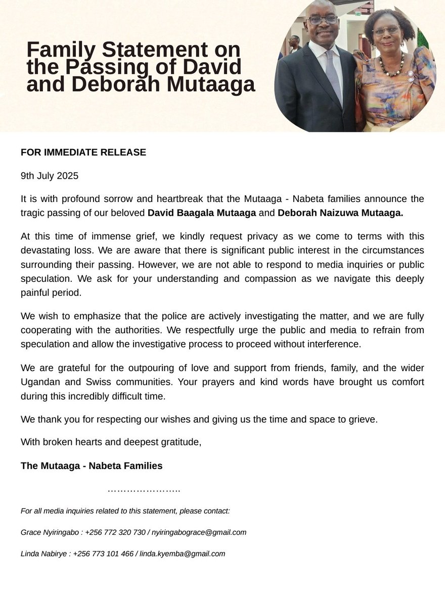 LindaNEK's tweet photo. 💔💔 FAMILY STATEMENT ON THE PASSING OF DAVID AND DEBORAH MUTAAGA

May their beautiful souls rest in peace 🙏 https://t.co/vJxS5Mwmbj