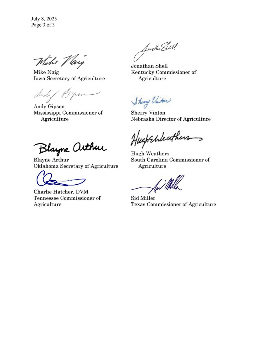 TexasDeptofAg's tweet image. Commissioner Sid Miller joined 11 other state agriculture leaders in signing a letter of support for U.S. Secretary of Agriculture Secretary Brooke Rollins’s National Farm Security Action Plan #TexasAgricultureMatters #USDA #AmericaFirstPolicy