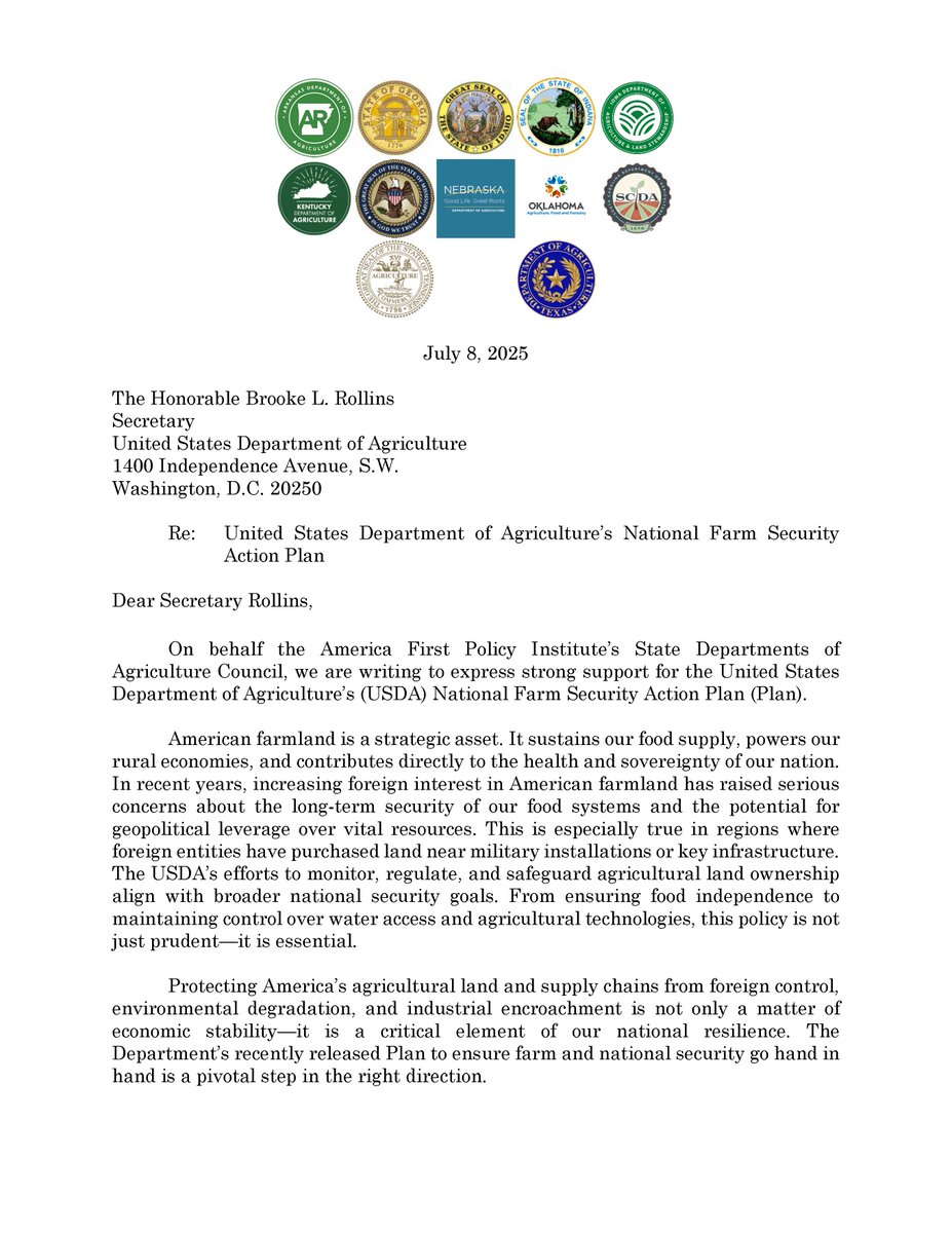 TexasDeptofAg's tweet image. Commissioner Sid Miller joined 11 other state agriculture leaders in signing a letter of support for U.S. Secretary of Agriculture Secretary Brooke Rollins’s National Farm Security Action Plan #TexasAgricultureMatters #USDA #AmericaFirstPolicy