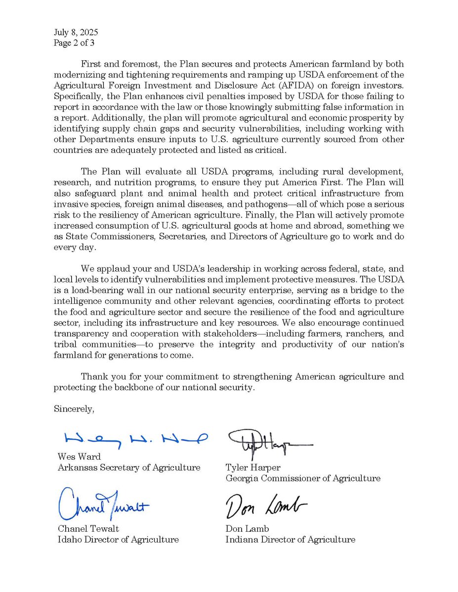 TexasDeptofAg's tweet image. Commissioner Sid Miller joined 11 other state agriculture leaders in signing a letter of support for U.S. Secretary of Agriculture Secretary Brooke Rollins’s National Farm Security Action Plan #TexasAgricultureMatters #USDA #AmericaFirstPolicy