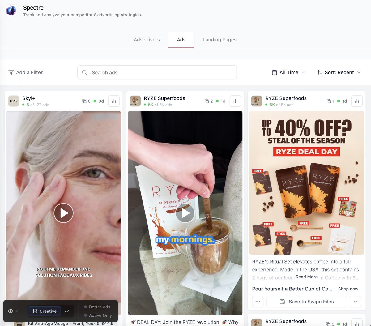 Pendant que tu lances une tonne de créas pour ta brand

Tu peux scale encore plus fort avec de l'inspi 24/7 

Tu peux créer ta propre ad library de 50 compétiteurs direct et indirects avec Spectre de BrandSearch

C'est ta propre librairie de creatives et LPs 100% pertinent à ce