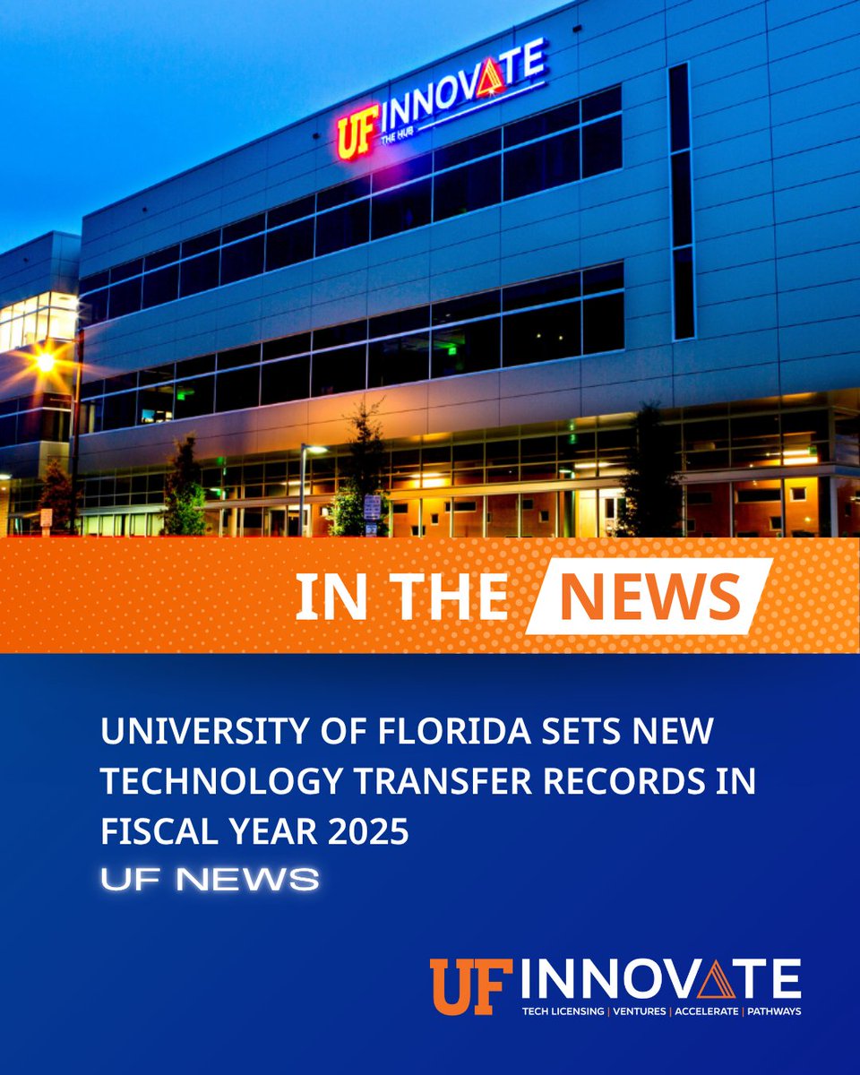 UFInnovate's tweet image. 🎉 We’re closing out the fiscal year breaking records!
@UFOTL set new milestones with 446 technology disclosures, 131 licenses executed, 455 patent applications filed, 859 Material Transfer Agreements, and 9 startups launched!
🔗: news.ufl.edu/2025/07/2025-p…