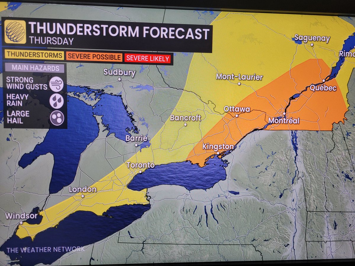 Chris Murphy TWN (@murphtwn) on Twitter photo #onstorm & #qcstorm risk today & tomorrow. Heavy downpours, hail & strong wind all possible where the #thunderstorms occur. A return to hot & sticky weather into the weekend & next week. <a href="/weathernetwork/">The Weather Network</a> #onstorm & #qcstorm risk today & tomorrow. Heavy downpours, hail & strong wind all possible where the #thunderstorms occur. A return to hot & sticky weather into the weekend & next week. <a href="/weathernetwork/">The Weather Network</a>