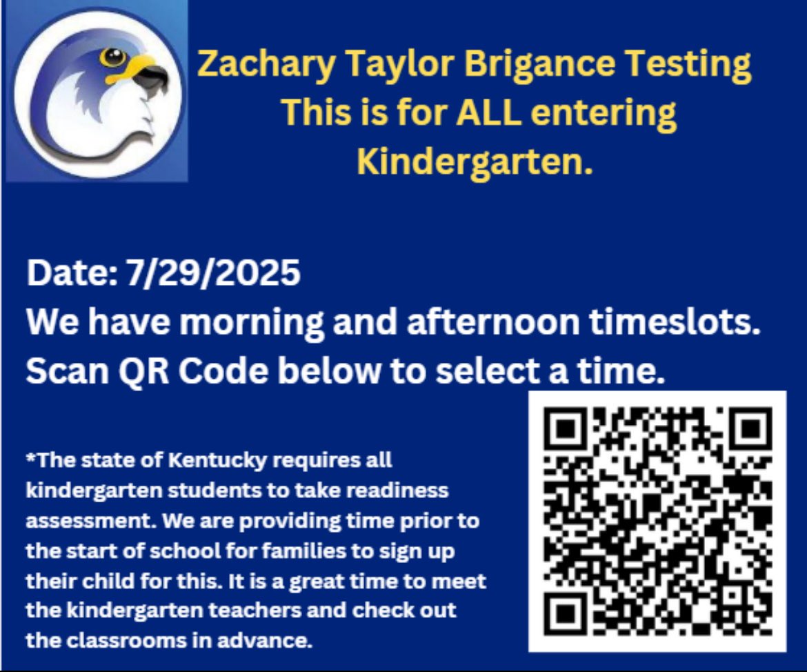 Do you have an incoming kindergarten student at Zachary Taylor Elementary? If so sign up for the Brigance Readiness Assessment today!