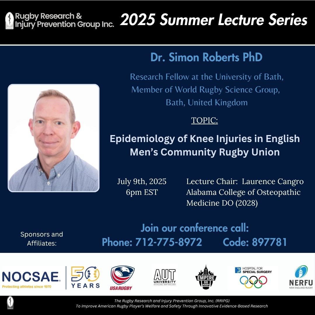 <a href="/rripg/">Rugby Research and Injury Prevention Group Inc.</a> welcomes Dr. Simon Roberts #PhD from <a href="/UniofBath/">University of Bath</a> &amp; <a href="/WorldRugby/">World Rugby</a> Science Group to #SLS25!

🗓 July 9, 2025
🕕 6PM EST
🎙 “Epidemiology of Knee Injuries in English Men’s Community Rugby Union”
