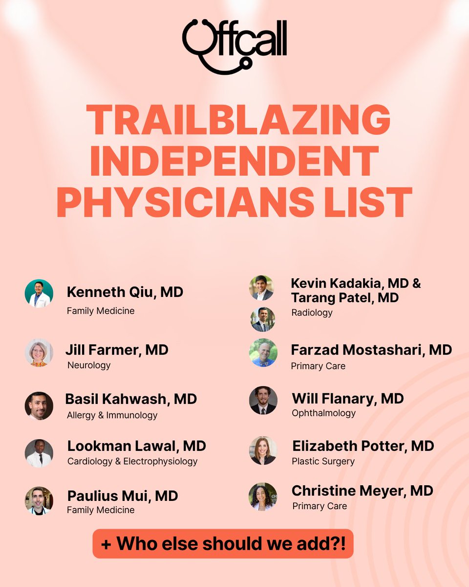 OffCallDotCom's tweet image. We want to celebrate every single independent physician…
…But we need your help!
We’re noticing a surprising new trend: More and more physicians are consciously choosing to go (or remain!) independent, despite all the odds, to restore their autonomy and provide better patient…