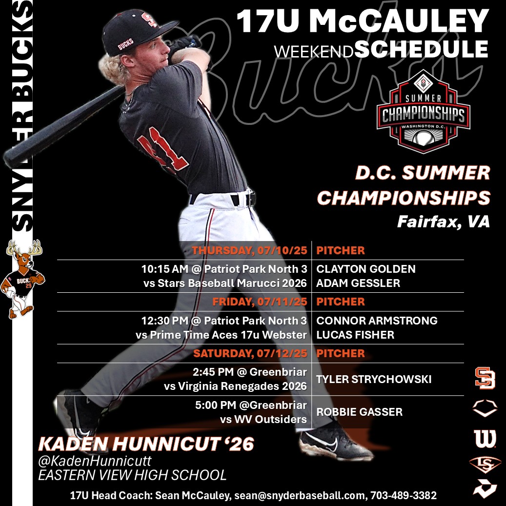 Snyder Baseball (@snyderbaseball) on Twitter photo ⚾️Snyder Bucks 17U McCauley Schedule
The 17u Team will be at the <a href="/PBRTournaments/">Prep Baseball Tournaments</a> DC Summer Championship this weekend.
Game 1 is Thursday at 10:15 AM with '26 Clayton Golden <a href="/GoldenBoy2583/">Clayton Golden</a> and '26 Adam Gessler <a href="/adam_gessler_/">Adam Gessler</a> taking the mound.
⚾️🦌Good Luck BUCKS!!🦌⚾️
<a href="/sean_mac89/">Sean McCauley</a> ⚾️Snyder Bucks 17U McCauley Schedule
The 17u Team will be at the <a href="/PBRTournaments/">Prep Baseball Tournaments</a> DC Summer Championship this weekend.
Game 1 is Thursday at 10:15 AM with '26 Clayton Golden <a href="/GoldenBoy2583/">Clayton Golden</a> and '26 Adam Gessler <a href="/adam_gessler_/">Adam Gessler</a> taking the mound.
⚾️🦌Good Luck BUCKS!!🦌⚾️
<a href="/sean_mac89/">Sean McCauley</a>