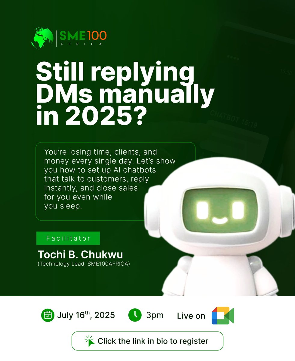 sme100africa's tweet photo. Want to serve your customers better with AI?

Join our webinar on July 16 with @bentochi7.

He’ll show you simple chatbot tools you can start using now.

3PM WAT 

Register: Click the link in the bio

#AIChatbots #SME100Africa #Webinar #CustomerService https://t.co/Tg8QDw5FgJ