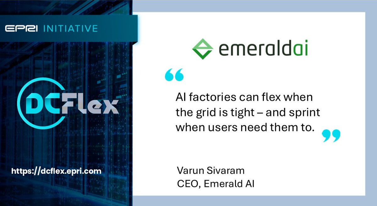 EPRI (@eprinews) on Twitter photo DCFlex collaborators <a href="/nvidia/">NVIDIA</a>, <a href="/EmeraldAi_/">Emerald AI</a>, <a href="/Oracle/">Oracle</a>, and <a href="/SRPconnect/">Salt River Project</a> demonstrated the potential for an AI data center to provide grid relief during a peak system event. EPRIโs #DCFlex initiative can help support the expansion of an AI-driven economy. Learn more: DCFlex collaborators <a href="/nvidia/">NVIDIA</a>, <a href="/EmeraldAi_/">Emerald AI</a>, <a href="/Oracle/">Oracle</a>, and <a href="/SRPconnect/">Salt River Project</a> demonstrated the potential for an AI data center to provide grid relief during a peak system event. EPRIโs #DCFlex initiative can help support the expansion of an AI-driven economy. Learn more: