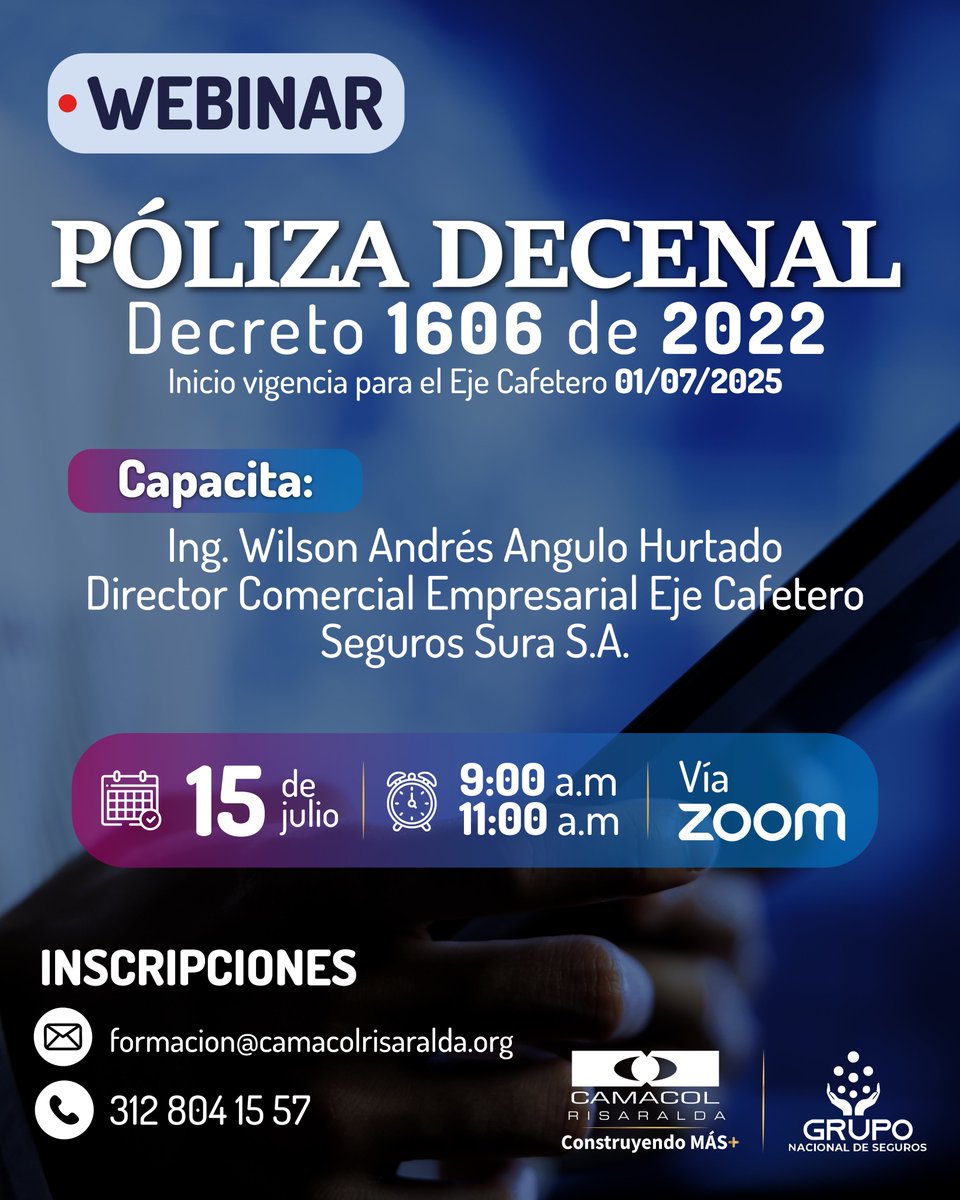 🔵 WEBINAR | PÓLIZA DECENAL – Decreto 1606 de 2022

🗓 Fecha: 15 de julio
🕘 Hora: 9:00 a.m. – 11:00 a.m.
📍 Vía Zoom

📩Inscríbete: forms.gle/JBsPs8igj9Uo1K…

🔒 ¡Prepárate para cumplir con la normativa y protege tus proyectos desde ahora!