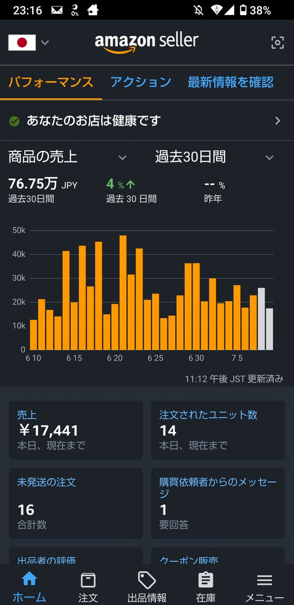7月に入ってからAmazonの売上が思わしくない。
11日から始まるプライムデーまで買い控えが起きてるのかな。。
おやすみなさい🌜