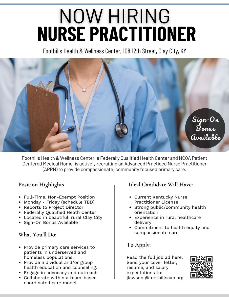 KRFDCInc's tweet photo. 📣 NOW HIRING: Nurse Practitioner
Foothills Health &amp; Wellness Center (Clay City, KY) is seeking a compassionate, community-focused APRN to join our team!
✅ Full-time
✅ Day shift
✅ Sign-on bonus
✅ Rural KY setting

📋 Details: https://t.co/voM54ga47v https://t.co/AuL5eODIkC