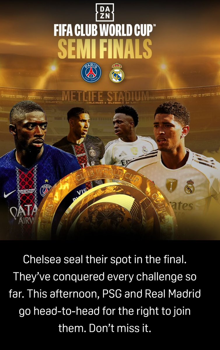 Semi Final Reminder #2!

Giants collide @ #FIFAClubWorldCup 

3pm ET
Stream on DAZN.com for Free! Sign up Now!

Pod and VOD dropping relatively soon-ish.

#PSGRMA