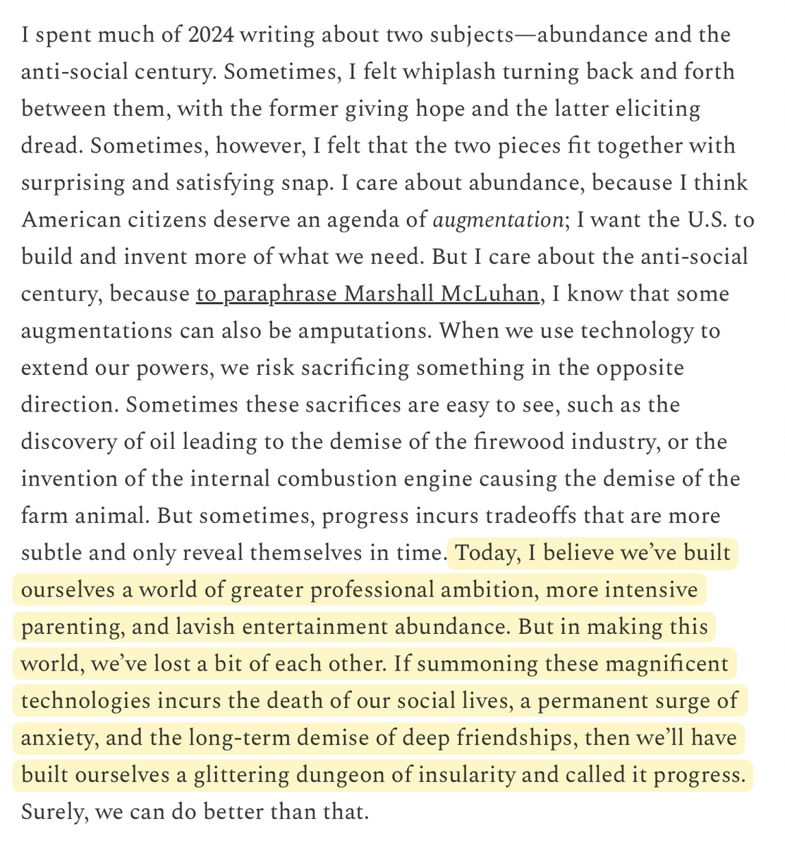 VivekxK's tweet photo. I continue to enjoy @DKThomp's exploration around the social aspects of the new world we've built. 

We're a lot richer in many ways but a lot poorer in important ways that deserve attention. https://t.co/CSYArALITp