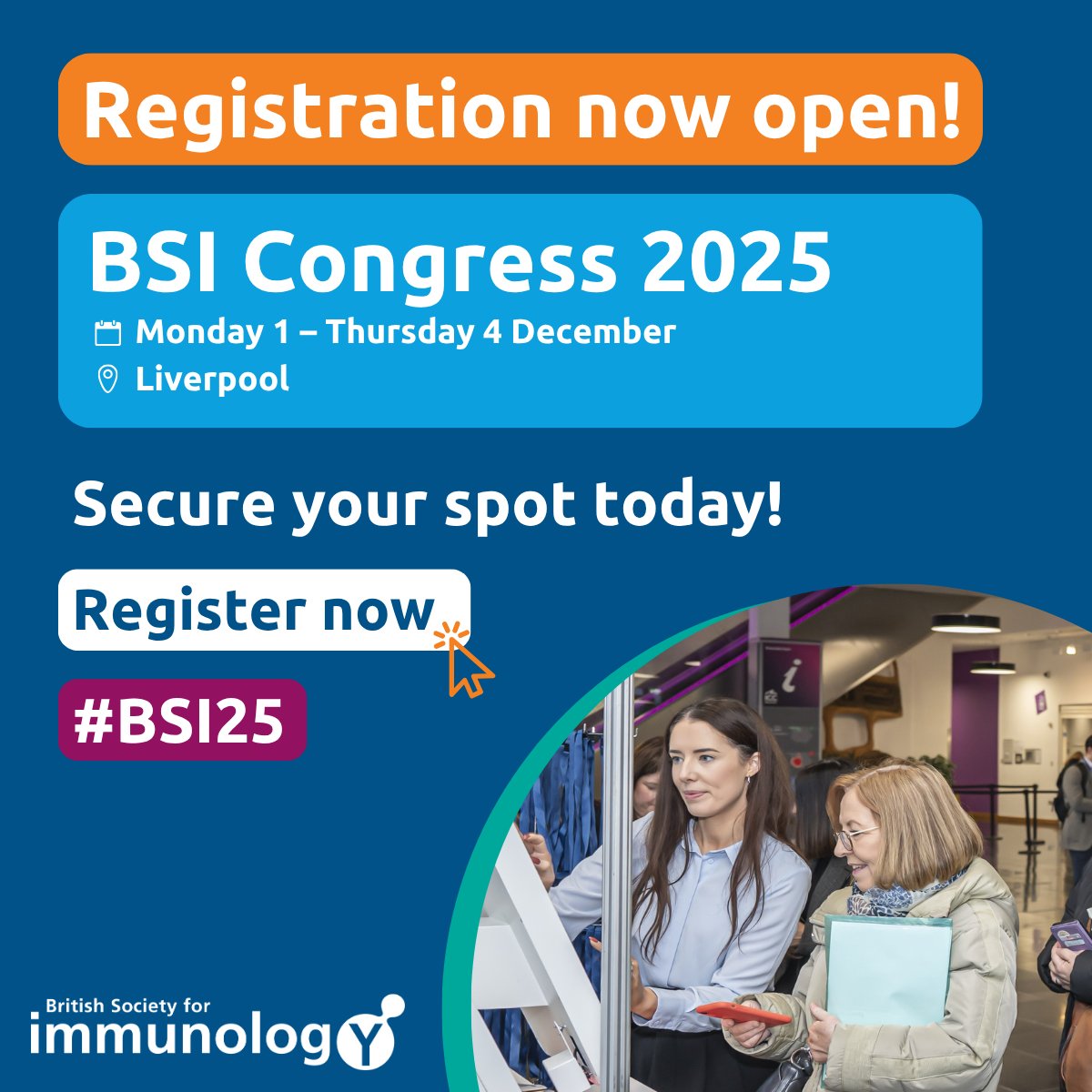bsicongress's tweet image. 🚨 Registration is OPEN for BSI Congress 2025!
Join 1,500+ immunology experts in Liverpool this Dec for 4 days of innovative science, networking & inspiring talks #BSI25
Don’t miss your chance to connect with the #immunology community! Register here: bit.ly/3IkxWq8