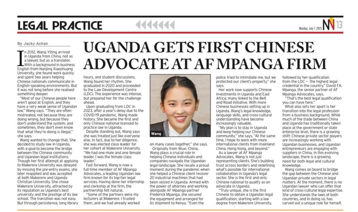 MathiasSsemanda's tweet image. China - Africa relations on the rise. Chinese advocate and Makerere Law graduate, Ms. Wang joins AF Mpanga Firm.