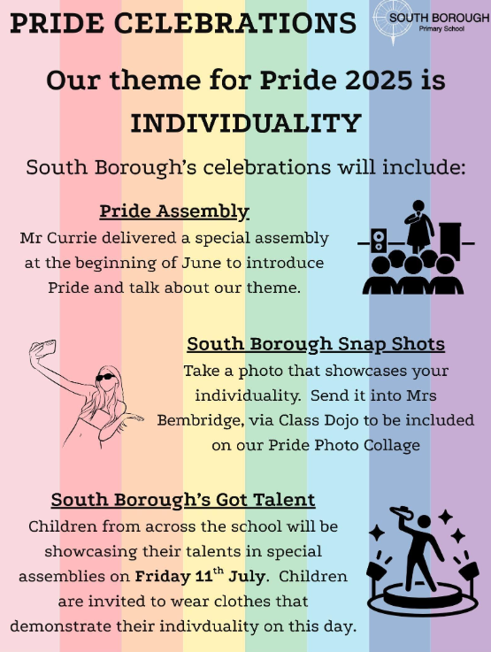 South Borough Pride Celebrations - Reminder: Friday 11th July 2025 - Children are invited to wear clothes that demonstrate their individuality.