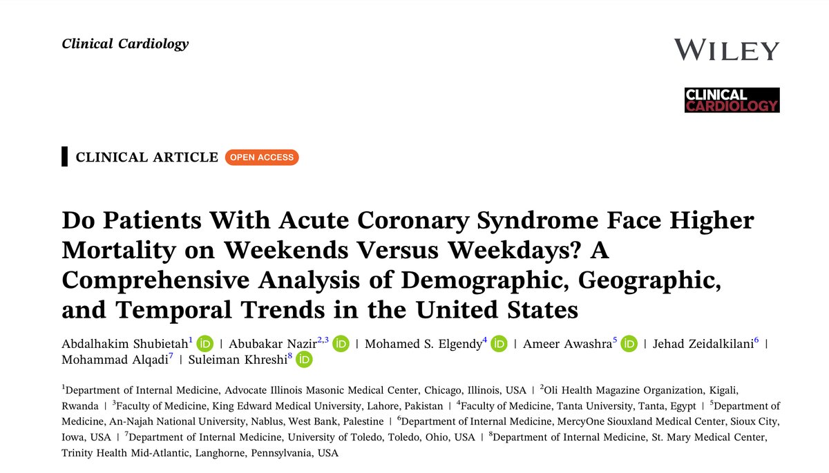 Publication Alert ‼️ 
Are weekend deaths from acute coronary syndrome really higher than on weekdays?
📊 Our nationwide cohort study, spanning 22 years and 3.1 million deaths, says not quite.
📖 Access the full article here: researchgate.net/publication/39…

#Cardiology