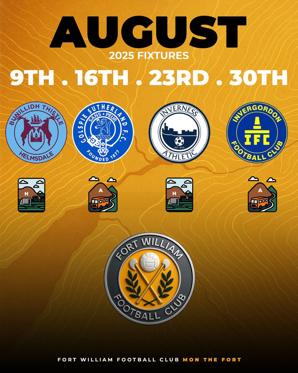 FortWilliamFC's tweet image. 🚨 Our opening 25/26 North Caledonian League fixtures! 🚨
We will begin our season by welcoming Bunillidh Thistle to Claggan Park on August 9th at 1pm.
Link to the rest of league fixtures are attached here:
northcaleyfa.com/matches.php
#MonTheFort 🧡🖤