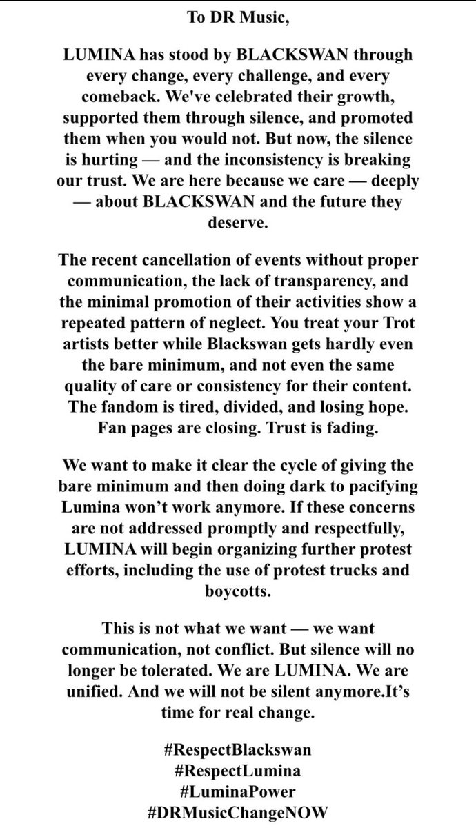 opbs37's tweet photo. DAY 1
PROTEST AGAINST DR ENTERTAINMENT
PLEASE GO THROUGH OUR DEMANDS
AND OUR HASTAGES ARE
#RespectBlackswan
#ProtectBlackswan
#LuminaPower
#RespectLumina
MAKE SURE HASTAGES TO BE SAME
And make sure to tag them on each and every social media platforms https://t.co/wCfCc3K9IJ