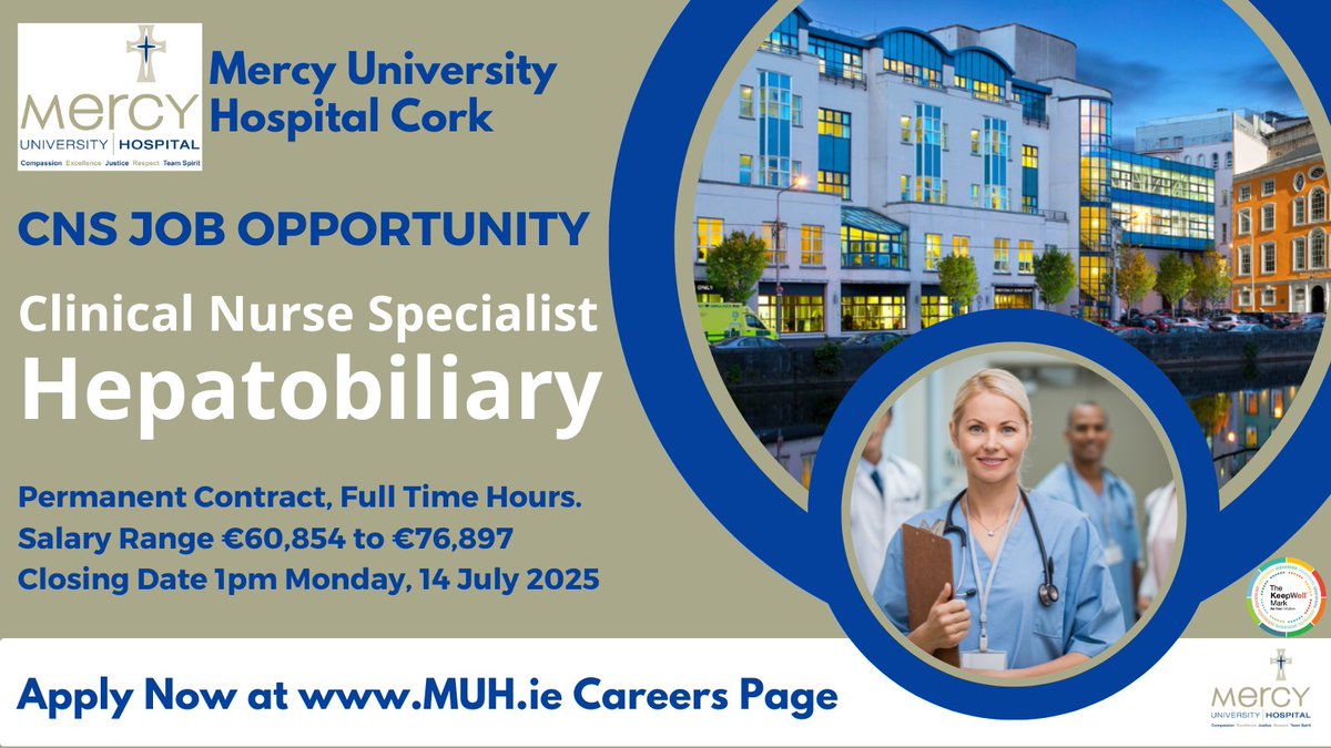 DeeORiordan8's tweet image. 🌞 #ClinicalNurseSpecialist #hepatobiliary job opportunity at @Mercycork for #NMBI Reg Nurse.
 
Perm, FT.  Salary Range €60,854 to €76,897

Closing Date 1pm Mon, 14 Jul 2025. 

See details: api.occupop.com/shared/job/cli…

#HepatobiliaryNurse #HSEJobs #IHNA #HPB #pancreaticcancer #CNS