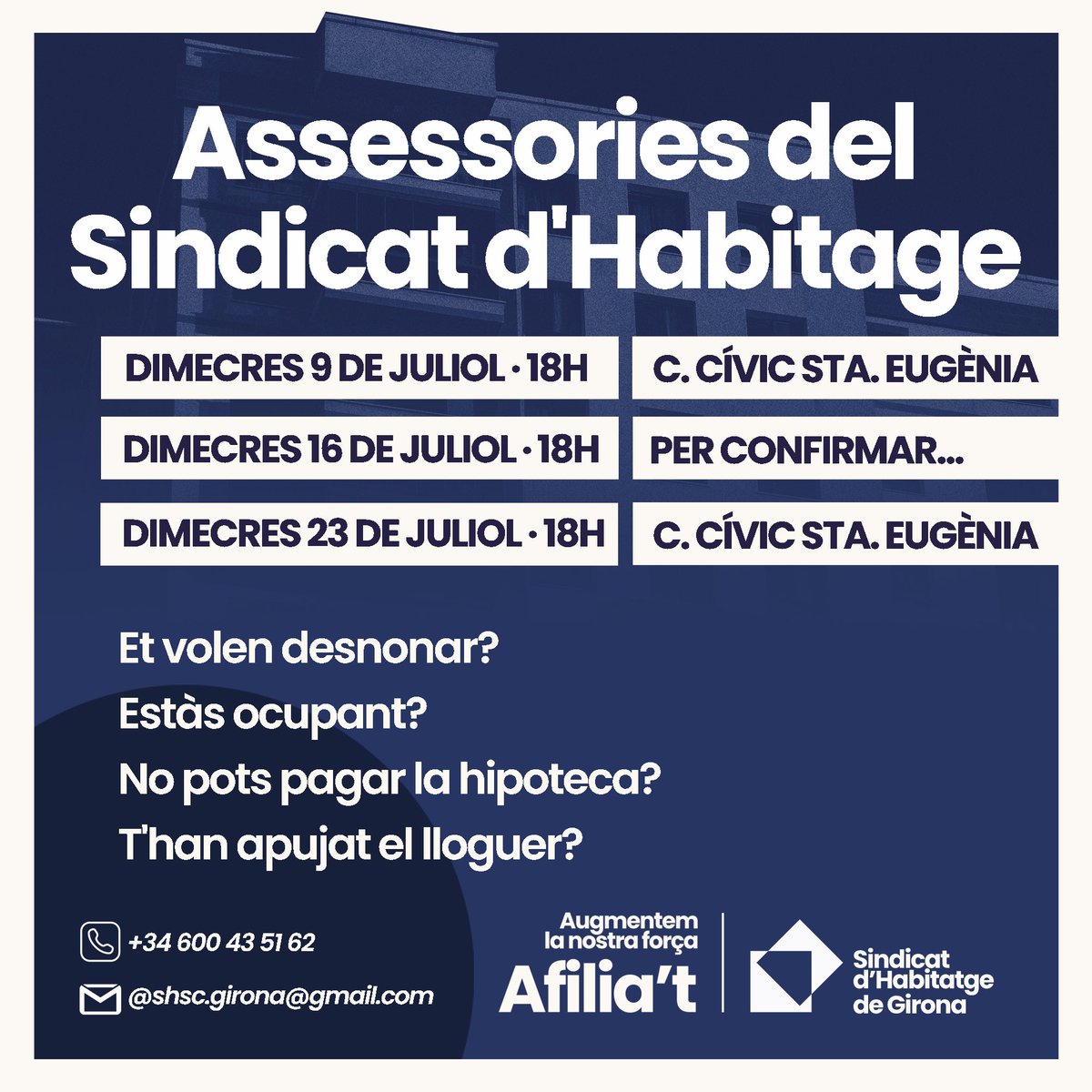 Girona_SHSC's tweet image. 🔵 Assessories
Cada dimecres a les 18h ens trobem per resoldre problemes amb l’habitatge: pujades del preu del lloguer, desnonaments…
Avui, al Centre Cívic de Santa Eugènia!👇