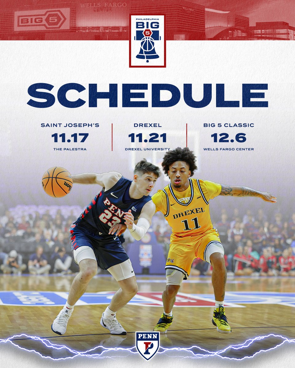 PennMBB's tweet image. First hint of our 2025-26 schedule...our Big 5โฃ games are set! We'll face Saint Joseph's and Drexel in pod play, before the Big 5 Classic on December 6 at Wells Fargo Center!
๐ฐ goquakers.co/4nESlpK
#FightOnPenn ๐ด๐ต๐